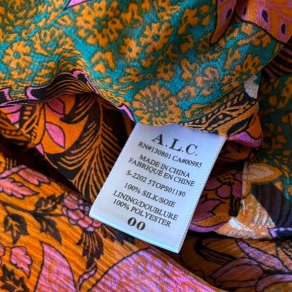 A.L.C. Samara Silk Floral Cropped Top Orange Pink Long Sleeve Blouse size 00 - Picture 12 of 13